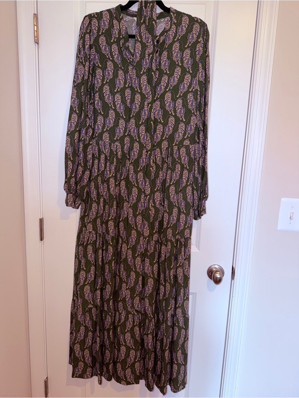 Boden Green Purple and Tan Tiger Print Maxi Dress with Tie Waist - Picture 6 of 11